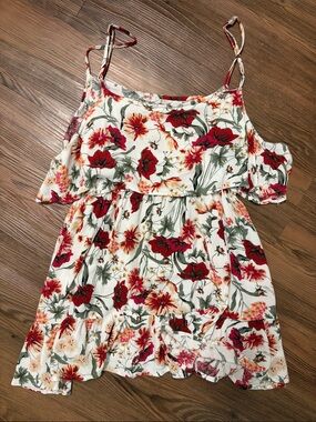 Floral White & Red Women’s Swim Coverup with Flutter Sleeves